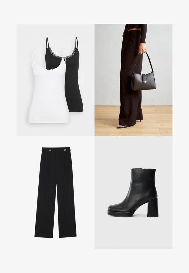 Dos camisetas de tirantes ajustadas con encaje, una en blanco y otra en negro, exhibidas sobre un fondo claro y liso.; Pantalones de pierna ancha negros con cintura alta, detalles de botones en la cinturilla y pliegues en la parte delantera.; Botín de cuero negro con tacón cuadrado y suela de plataforma, visto de lado sobre un fondo blanco liso.; Bolso negro con forma estructurada, textura suave y un cierre metálico. Combinado con pantalones anchos negros y sandalias de dedo en un suelo de madera.