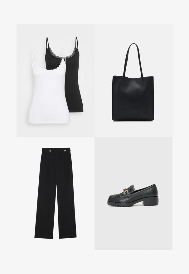 Dva uska krojena topa s čipkastim obrubom, jedan u bijeloj i jedan u crnoj boji, prikazana na jednostavnoj svijetloj pozadini.; Crne hlače širokih nogavica s visokim strukom, s dugmadi na pojasu i prednjim nabora.; Crne kožne mokasine s teksturiranim platnenim vrhom i zlatnim detaljem, s masivnim blok petom i potplatom od gume s uzorkom.; Crna kožna torba za nošenje s glatkom teksturom, pravokutnim oblikom i dvije duge ručke. Nema vidljivih metalnih dijelova ili ukrasa.