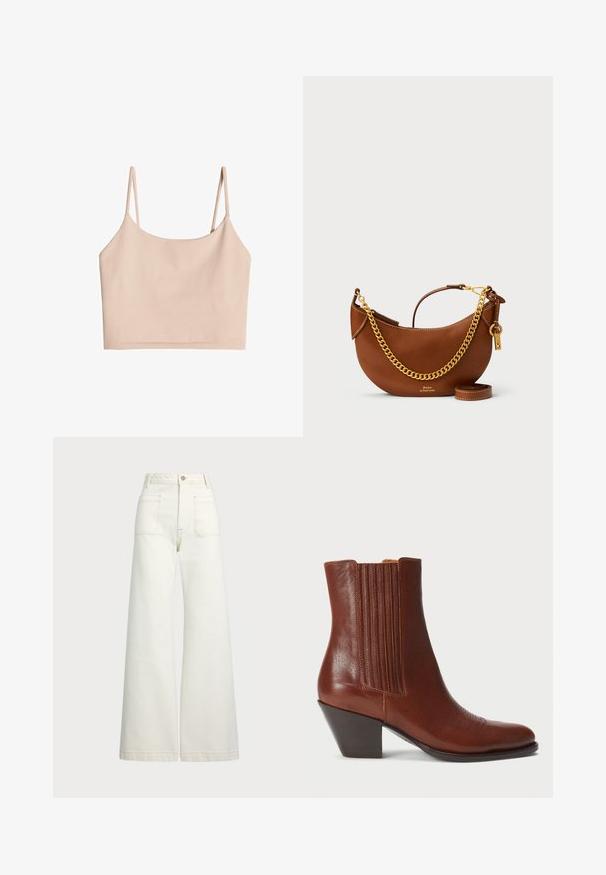 Nude krāsas īsā krūšturis ar plānām siksnām, izgatavots no mīksta auduma, ar gludu tekstūru un vienkāršu, taisnu griezumu.; Balta garām piedurknēm pogājamā krekla, izgatavota no gludas auduma, ar klasisku apkakli un maigu spīdumu, noapaļotiem malām un pogu detaļām.; Platās kājas džinsi off-white denima. Augsta jostasvieta ar pogu aizdari, divas priekšējās kabatas un kontrastējošas šuvju detaļas.; Brūna ādas potītes zābaks ar norādītu purngalu un sakrautu papēdi, ar vertikālām ribotām akcentām sānos un sarežģītu diegu šuvēm.; Brūns ādas rokassomu ar izliekta dizaina, zelta ķēdes siksnu, iekšējo kabatu un noņemamu plecu siksnu. Ievērojama kontrastējoša šuvuma detaļa.