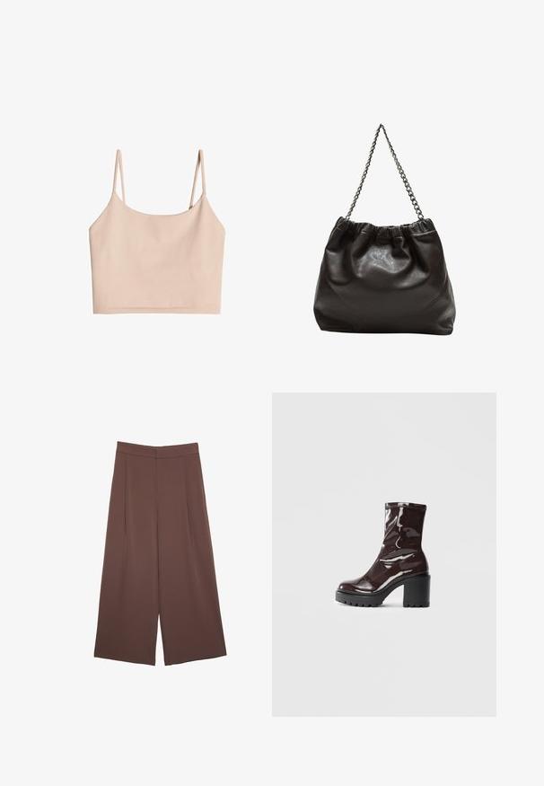 Top cropped color carne con spalline sottili, realizzato in tessuto morbido, caratterizzato da una texture liscia e un design semplice a taglio dritto.; Pantaloni ampi marroni con una texture liscia, caratterizzati da una vita alta e pieghe frontali. Il tessuto è leggero e scorre liberamente.; Stivale alla caviglia bordeaux lucido con un tacco spesso nero, caratterizzato da una superficie liscia e un design semplice. Nessuna chiusura visibile o motivo.; Borsa in pelle marrone con parte superiore arricciata e tracolla a catena. Texture liscia con finitura lucida e dettagli di cucitura sottili sui lati.