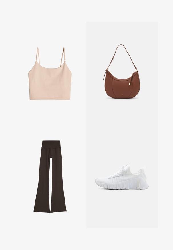 Nude-kleurige cropped tanktop met dunne bandjes, gemaakt van zachte stof, met een gladde textuur en een eenvoudig, recht gesneden ontwerp.; Donkerbruine flared leggings met een brede, geribbelde tailleband. Gemaakt van zacht, elastisch materiaal, met een naadloos ontwerp en zonder zichtbare hardware.; Witte sportschoen met een gestructureerde bovenkant, platte vetersluiting en een opvallende rubberen zool met verticale groeven. Bevat een logo aan de zijkant.; Bruine faux leren schoudertas met een gebogen vorm, minimale stiksels en een gouden hardware-accent. Voorzien van een bovenste ritsluiting en een verstelbare schouderband.