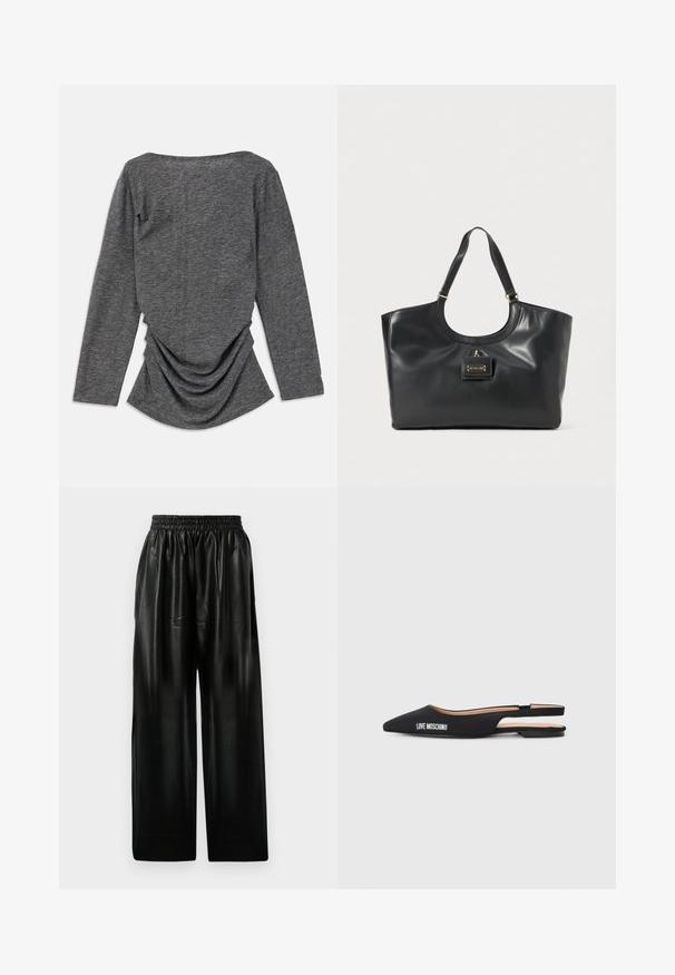 Pilkas ilgarankovis viršus su minkšta tekstūra, kuriame yra plati apykaklė ir susiraukšlėjimas nugaroje, sukuriantis laisvą siluetą.; Juodos odinės plačios kelnės su elastinga juosmeniu, turinčios dvi šonines kišenes ir lygią, blizgią tekstūrą.; Juodos slingback balerinos su smailiais pirštais, pagaminti iš lygaus medžiagos. Yra balta „LOVE MOSCHINO“ ženklinimo ir minimalistinio dizaino.; Juoda odinė rankinė su blizgiu paviršiumi, suapvalintu viršumi, dviem petinėmis diržais ir auksinio tonos metalinėmis detalėmis priekyje.