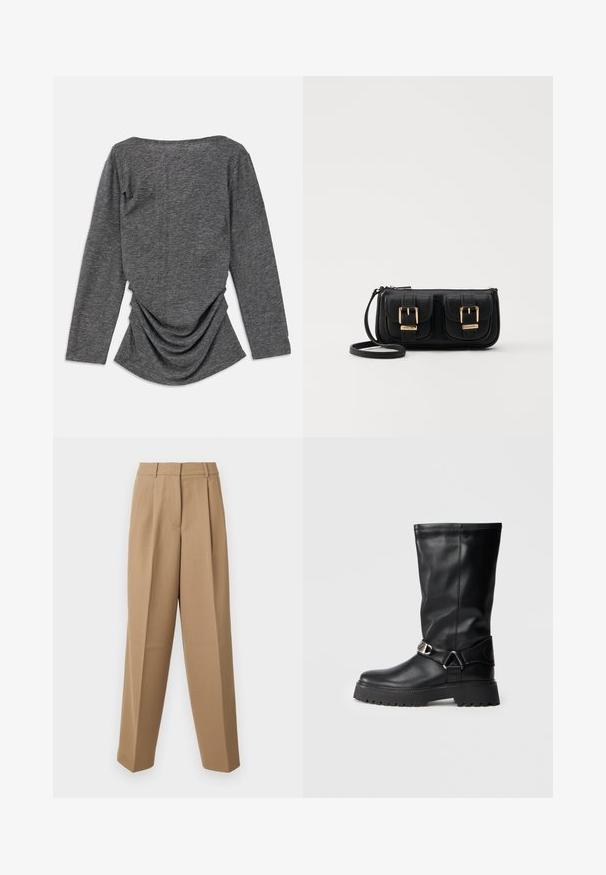 Šedý dlouhý rukáv top s měkkou texturou, který má široký výstřih a ztažený detail na zadní straně, vytvářející plynulou siluetu.; Béžové zakázkové kalhoty s vysokým pasem, na přední straně skladkami a širokým střihem. Tkanina se zdá být hladká s mírným leskem.; Černé kozačky po kolena vyrobené z hladké kůže, s výraznou sponou na boku a silnou, strukturovanou podrážkou pro lepší přilnavost.; Černá kožená crossbody taška se dvěma předními kapsami, zlatými přezkami, zipovým uzávěrem a štíhlým popruhem. Texturovaný povrch a kompaktní obdélníkový tvar.