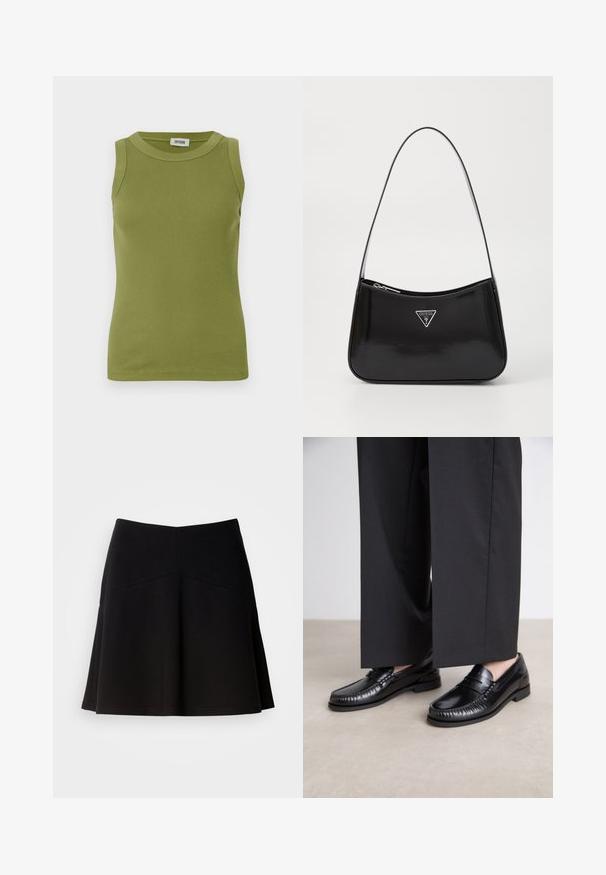 Ärmelloses olivgrünes, geripptes Tanktop mit Rundhalsausschnitt und DRYKORN-Label im Kragen.; Schwarzer, ausgestellter Rock aus weichem Stoff, mit einem taillierten Bund und Nahtdetails. Glatte Textur mit einem schlichten, klassischen Design.; Schwarze Lederloafers mit glatter Oberfläche, genähten Details um die Zehen und einer niedrigen Gummisohle. Kombiniert mit weiten schwarzen Hosen.; Schwarze patentierte Leder-Schultertasche mit geschwungener Form, ausgestattet mit einem silbernen Dreieckslogo und einem Reißverschluss. Glatte Textur und schmaler Riemen.