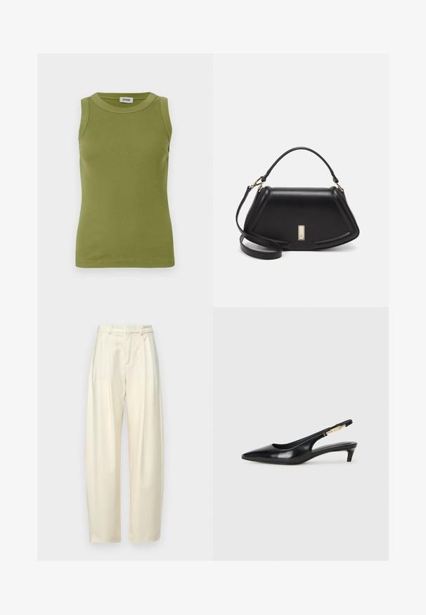 Varrukita rohelise oliivi värvi ribakujuline tank top, ümmarguse kaelusega ja DRYKORN sildiga krae sees.; Töödeldud, kõrge vöökoha ja kergelt kreemjas kangas. Omab sirget lõiget ja siledat tekstuuri. Ilma taskute või nähtava riistvarata.; Mustad nahast slingback kontsad terava ninaga, millel on õhuke konts ja kuldse tooni aktsent reguleeritaval rihmal. Sile tekstuur.; Must mustrist käekott, millel on struktureeritud disain, lühendatud kuju, ülemine käepide ja kuldne metallist detail. Reguleeritav õlalihm on kaasas.
