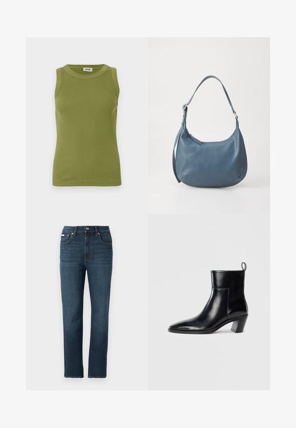 Olivi vihreä hihaton ribbipaita pyöreällä kaula-aukolla ja DRYKORN-tunnus kauluksessa.; Tummansiniset farkut suoraan lahkeilla, etutaskuilla, nappikiinnityksellä ja hienovaraisella ompeluyksityiskohdalla vyötäröllä.; Musta nahkainen nilkkuri, jossa on terävä kärki, geometrinen pinoettu korko ja vetotappi takana. Sileä pinta ja tyylikäs muotoilu.; Sininen nahkakäsilaukku pyöreällä muotoilulla, yhdellä olkahihnalla, vetoketjukiinnityksellä ja kohokuvioidulla brändinimellä edessä. Sileä pinta.