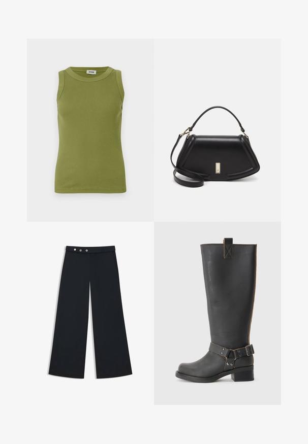 Mouwloze olijfgroene geribbelde tanktop met ronde halslijn en DRYKORN-label aan de binnenkant van de kraag.; Zwarte wijde broek met een gladde textuur, voorzien van een platte tailleband, een dubbele knopen sluiting en zijzakken.; Zwarte leren knie- hoog laars met een gestructureerde afwerking, voorzien van een zijgesp accent en een lage hak. Gedetailleerde stiksels langs de naden.; Zwarte leren handtas met een gestructureerd ontwerp, featuring een verkorte vorm, bovenhandvat en gouden hardwareaccent. Inclusief verstelbare schouderband.