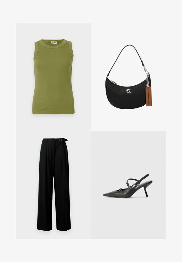 Top sin mangas de color verde oliva con canalé, cuello redondo y etiqueta DRYKORN en el interior del cuello.; Pantalones de pierna ancha negros con cintura alta, pliegues en la parte delantera y un cinturón con hebilla. Confeccionados con una tela suave y liviana.; Tacones slingback de cuero negro con punta afilada, tacón delgado y detalle decorativo de hebilla en la parte superior. Textura suave y diseño elegante.; Bolso de mano de cuero negro con textura granulada, forma curvada, cierre superior con cremallera, herrajes plateados y una etiqueta marrón. Presenta un acento con el logotipo.