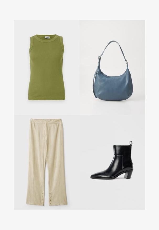 Sleeveless olive green ribbed tank top with round neckline and DRYKORN label inside collar.; Beige wide-leg pants with a textured fabric. Features a flat waistband and five buttons at the hem for closure. Creased design.; Black leather ankle boot with a pointed toe, a geometric stacked heel, and a pull tab at the back. Smooth texture and sleek design.; Blue leather handbag with a rounded shape, single shoulder strap, zip closure, and embossed brand name on the front. Smooth texture.
