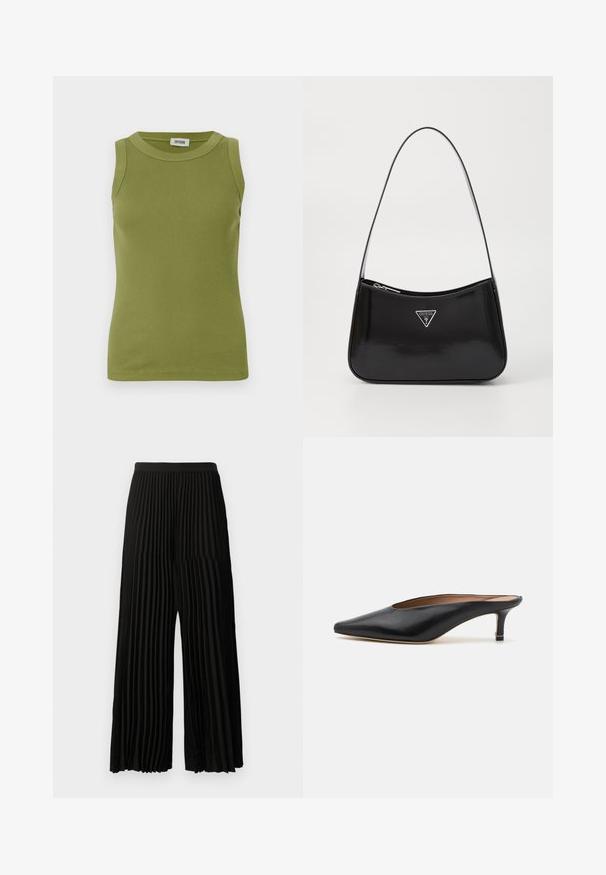 Mouwloze olijfgroene geribbelde tanktop met ronde halslijn en DRYKORN-label aan de binnenkant van de kraag.; Zwarte ruime broek met verticale plooien en een getailleerde tailleband, recht van voren weergegeven op een effen witte achtergrond.; Zwarte leren muiltjes met een puntige neus en een lage, blokhak. Glad oppervlak met een gestroomlijnd ontwerp. Open achterkant met minimale details.; Zwarte lakleren schoudertas met een gebogen vorm, voorzien van een zilveren driehoeklogo en een ritssluiting. Gladde textuur en slanke schouderband.