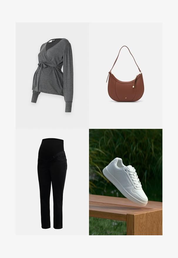 Grå långärmad omslagstopp i mjukt material, med V-ringning och knytning i midjan. Ärmarna har en lätt puffdetalj.; Svarta graviditetsjeans med stretchigt hög midja och slim-fit ben, designade för komfort och stöd under graviditeten.; Vita sneakers med en slät syntetisk ovandel, perforerat tåparti, platta snören och en strukturerad sula, placerade på en träyta.; Brun faux läder axelväska med rundad form, minimal sömnad och detaljer i guldfärgad hårdvara. Har en övre dragkedjestängning och justerbar rem.