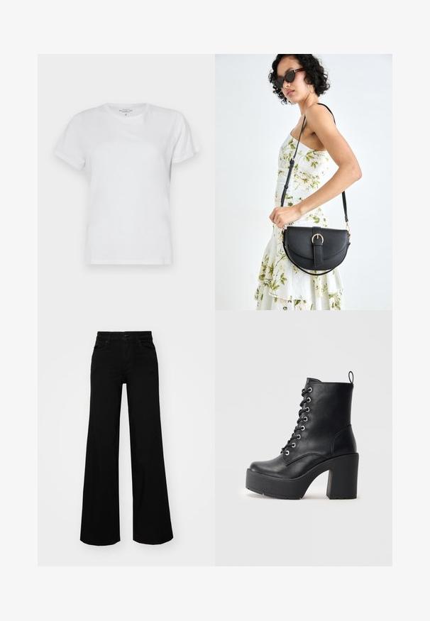 Hvit bomulls t-skjorte med korte ermer, v-halsdesign og en glatt tekstur. Ingen mønstre eller detaljer er synlige. Standard passform.; Svart vide bukser laget av denim, med en strukturert midjebånd, beltestropper og frontlommer. Glatt tekstur med et klassisk design.; Sorte læder ankelstøvle med en kraftig blokhæl, snøre foran og tekstureret overflade. Har en flap på bagsiden for nem påtagning.; Svart lærveske med en buet form, avtagbar stropp og gullbeslag. Vesken har et klaff med spenne-detall.