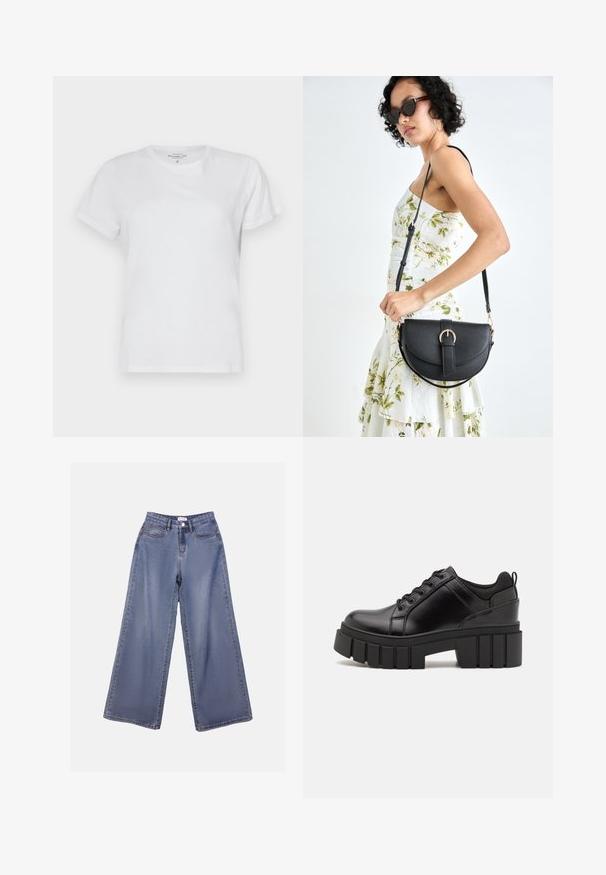 Camiseta branca de algodão com mangas curtas, design em forma de V e textura suave. Sem padrões ou detalhes visíveis. Corte padrão.; Calças de ganga de perna larga numa lavagem azul clara, com uma cintura alta, bolsos frontais e fecho de botão com passadores para cinto.; Sapatos de plataforma em couro preto com um salto bloco robusto, bico redondo e design clássico de atacadores. Apresentam uma textura suave e detalhes mínimos.; Bolsa de couro preta com forma curva, alça destacável e detalhes em dourado. A bolsa possui uma aba com detalhe de fivela.