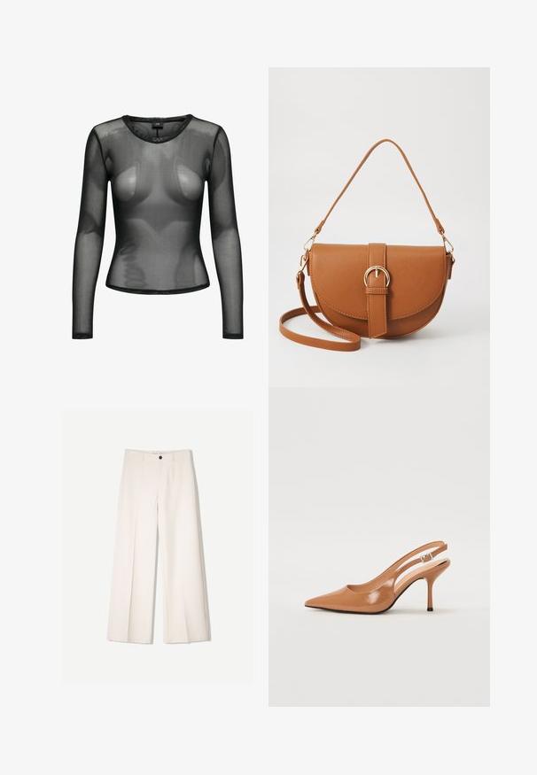 JDY JDYELSA O NECK - Long sleeved top - black; Cream wide-leg trousers with a tailored design, featuring two front pockets and a single front button closure, made from smooth fabric.; Pointed toe slingback heel in a smooth, glossy tan material. Features a curved cutout design and a slender stiletto heel. Silver buckle detail.; Brown leather crossbody bag with a curved shape, gold hardware, and a buckle accent. Features a detachable shoulder strap.