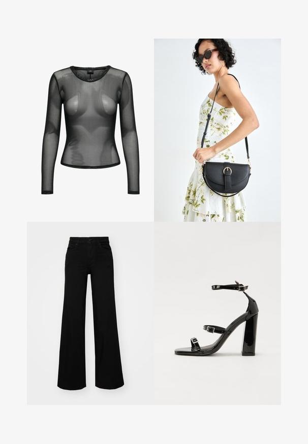 JDY JDYELSA O NECK - Top dugih rukava - black; Crne široke traperice s čvrstim pojasom, petljama za remen i prednjim džepovima. Gladak teksturirani materijal s klasičnim dizajnom.; Crne lakirane sandale na pete sa kvadratnim nosom, trakama oko gležnja i srebrnim kopčama. Imaju čvrst blok petu za stabilnost.; Crna kožna torba s lukovitim oblikom, odvojivim remenom i zlatnim detaljima. Torba ima preklop s kopčom.