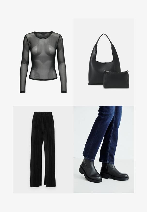 JDY JDYELSA O NECK - Camisola de manga comprida - black; Calças pregueadas pretas com uma cintura elástica. Apresentam pernas largas e um tecido liso, texturizado com riscas verticais.; Botas de tornozelo de couro preto com sola grossa e painéis elásticos laterais, combinadas com jeans azul escuro. O chão é de cor clara.; Even&Odd Mala de mão - black