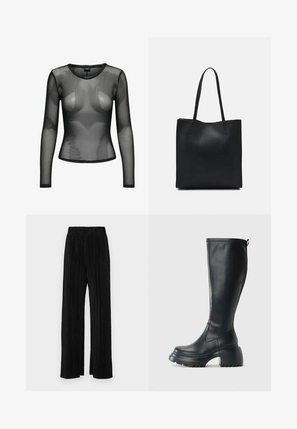 JDY JDYELSA O NECK - Long sleeved top - black; Black pleated trousers with an elastic waistband. Features wide legs and a smooth, textured fabric with vertical stripes.; Tall black leather boot with chunky platform sole and block heel, featuring pull tab and textured tread on outsole.; Black leather tote bag with smooth texture, rectangular shape, and two long handles. No visible hardware or embellishments.