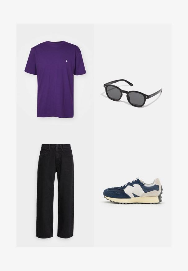 Camiseta de algodón púrpura, de manga corta, con cuello redondo, que presenta un pequeño logo blanco en el lado izquierdo del pecho. Textura suave con un ajuste relajado.; Pantalones de mezclilla anchos negros con cintura alta, que cuentan con cinco bolsillos y un cierre de botón. La tela tiene una textura suave y un ligero estiramiento.; Vista lateral de unas zapatillas de deporte con cordones en azul marino y beige, con ante texturizado, paneles de malla, una entresuela blanca y suela de goma con clavos.; Gafas de sol ovaladas negras con lentes oscuros, montura gruesa y acentos de puntos plateados a los lados. Material de plástico suave, diseño contemporáneo.