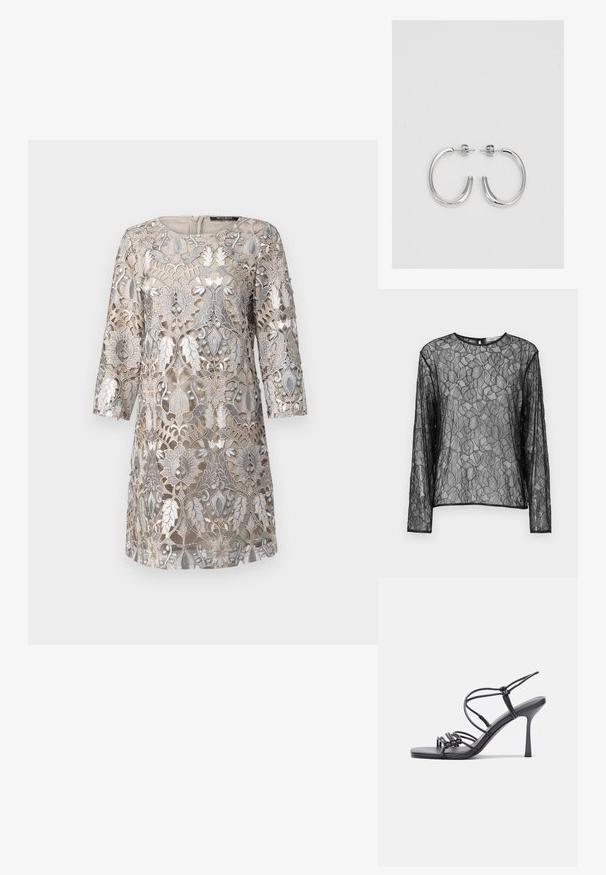 Svart genomskinlig långärmad topp med blommönstrad spets, rund halsringning och svart kant längs kanterna. Lätt och semi-transparent.; Beige klänning med intrikata silverblommiga spetsöverdrag, trekvartsärmar, rund halsringning och dragkedjeslutning baktill. Texturerad design.; Svarta högklackade sandaler har tunna remmar med en knuten design, en slät fyrkantig tå och en smal stilettklack.; Ljusgrå metallisk handväska med kedjestropp, prydd med små cirkulära metallnitar och en triangulär logotyp.; Silver hoopsörhängen med en slät, glänsande yta, med en böjd form och post-stängning. Minimalistisk design med en modern finish.