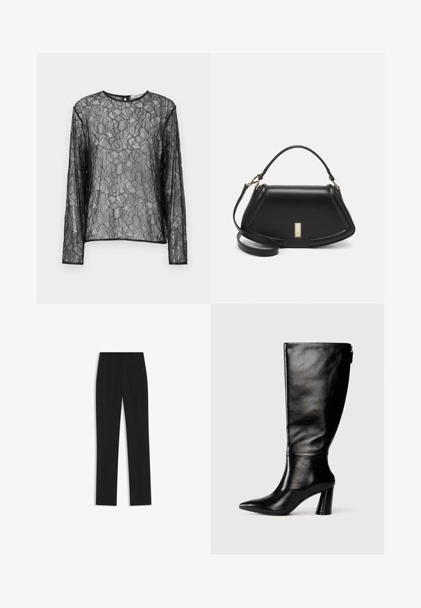 Black sheer long-sleeve top featuring floral lace pattern, round neckline, and black trim along the edges. Lightweight and semi-transparent.; Black tailored trousers with a straight-leg design, featuring front pockets and a smooth, textured fabric. Neat, minimal detailing.; Knee-high black leather boot with a pointed toe, smooth texture, and a chunky heel. Features a zipper detail at the back.; Black leather handbag with a structured design, featuring a cropped shape, top handle, and gold hardware accent. Adjustable shoulder strap included.