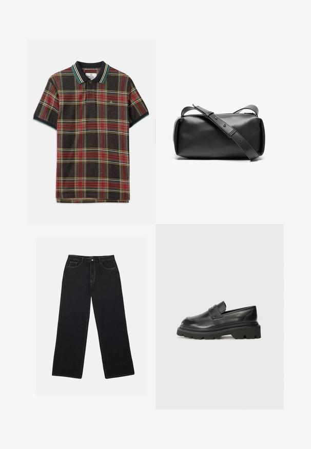 Polo tričko v tmavě hnědé látce s kostkovaným vzorem v červené, žluté a zelené barvě. Má černý límeček se zelenými a bílými pruhy a dvěma knoflíky.; Černé džíny s širokými nohavicemi mají vysoký pas, přední kapsy a kontrastní šití. Látka má hladký, mírně texturovaný povrch.; Černé kožené mokasíny s kulatou špičkou, které mají nízkou, robustní gumovou podrážku s vzorovaným dezénem a přehnutý pásek na svršku.; Černá kožená crossbody taška s cylindrickým tvarem, se zipovým uzávěrem a nastavitelným popruhem. Hladký povrch s minimalistickými designovými prvky.