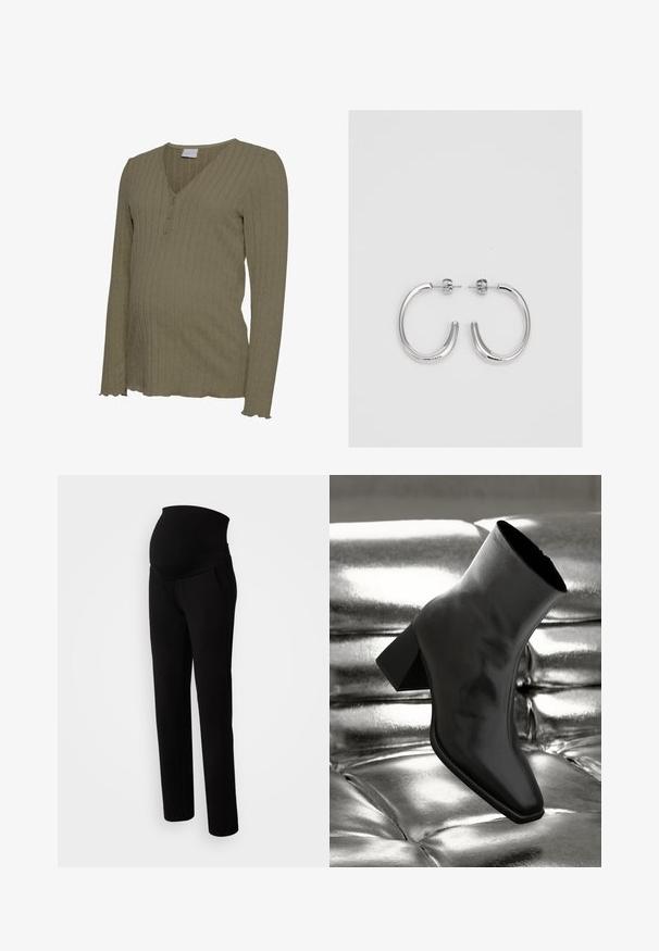 Dugi rukav za trudnice u maslinasto zelenoj boji, s rebrastom teksturom, V-izrezom s tri gumba i detaljem nazubljenog ruba. Meki pleteni materijal.; Trudničke hlače u crnoj boji, s rastezljivim pojasom za udobnost, bočnim džepovima, ravnim krojem i mekim materijalom.; Crni gležnjača napravljena od sjajnog materijala sa četvrtastim vrhom i suženom petom, postavljena protiv srebrne sjajne pozadine sa nabranim uzorkom.; Srebrne naušnice u obliku obruča sa glatkom, sjajnom površinom, zakrivljenog oblika i zatvaranjem na čep. Minimalistički dizajn s modernim završetkom.