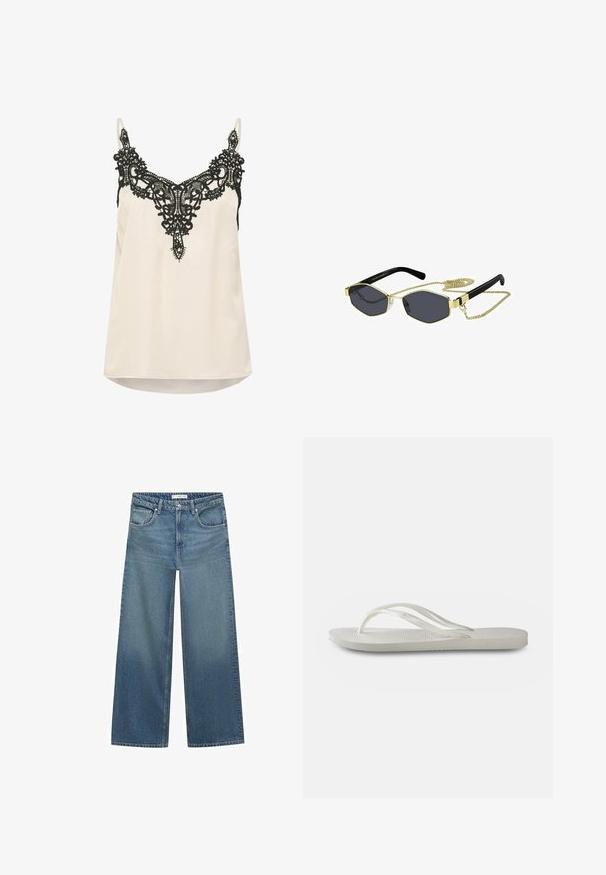 Krémová saténová tílko s detailným čiernym čipkovaným lemovaním okolo výstrihu a nastaviteľnými tenkými ramienkami. Spodný lem je mierne zaoblený.; Svetlomodré široké džínsy vyrobené z denimu, s pásom strednej výšky, dvoma prednými vreckami a klasickými prešívacími detailmi.; Biele žabky s textúrovanou podrážkou, tenkými popruhmi a plochým dizajnom. Vyrobené z gumy s jemným logom na podošve.; Oktagonálne slnečné okuliare s tmavými sklami, zlatými kovovými akcentmi a čiernymi plastovými rámami; súčasťou je odnímateľný zlatý retiazkový pásik.; Biela kabelka s textúrovanými, vlnitými ozdobami pripomínajúcimi mušle. Obsahuje tkanú rukoväť a strieborný reťazový popruh pre všestrannosť.