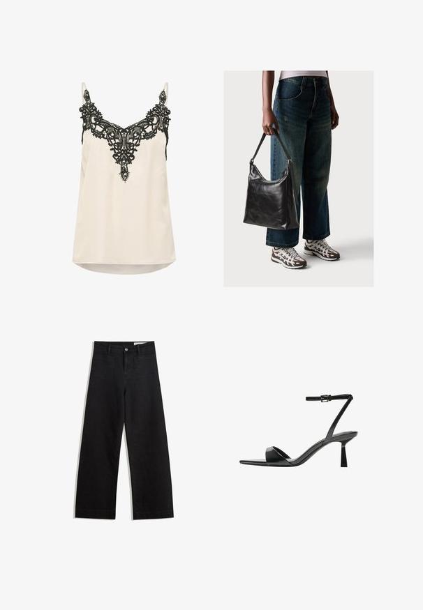 Creme satin camiset med indviklet sort blonder trim omkring halsudskæringen og justerbare spaghetti-stropper. Slidsen er let afrundet.; Sorte wide-leg denim bukser med høj talje, der har front- og baglommer, syede sømme og en knaplukning. Glat tekstur.; Bershka Højhælede sandaletter / Højhælede sandaler - black; Sort læder skuldertaske med en glat tekstur og justerbar skulderrem, parret med faded brede bukser og atletiske sneakers.