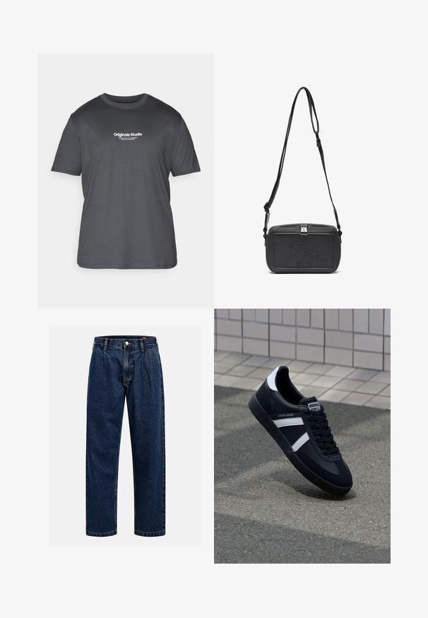 Jack & Jones JORVESTERBRO TEE CREW NECK - T-Shirt print - forest river; Dunkelblaue Denim-Jeans mit geradem Bein. Mit sichtbaren Nähten, einem Knopfverschluß und Frontfalten für zusätzliche Details.; Schwarze Leder-Sneaker mit weißen Streifen, strukturiertem Gummisohle und Schnürung. Verfügt über ein Markenetikett auf der Zunge.; Schwarze Leder-Crossbody-Tasche mit einem Reißverschluss, geprägtem Logo auf der Vorderseite und verstellbarem Riemen. Glatte Textur mit rechteckiger Form.