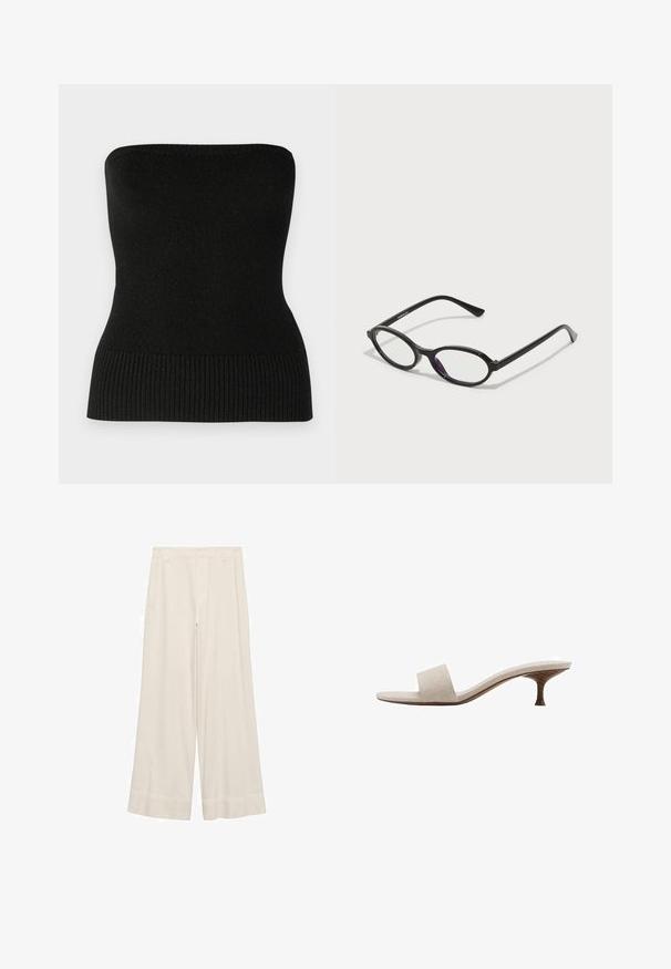 Svart stickad bärlös topp med en slät textur, försedd med en ribbad nederkant. Designen är kroppsnära och framhäver en enkel, minimalistisk stil.; Breda byxor i krämfärgad tyg, med en slät textur, skräddarsydd midja och rena sömmar. Flat front med dubbelsydda fållar.; Hällös sandal med övre i beige vävd tyg, öppen tå och böjd trä-mittsåle. Designen har en mjuk textur och minimalistisk form.; Svart ovalt ramglasögon med genomskinliga lila detaljer på linserna. Ramen har en mattslät yta och slanka, raka tempel.; Vävd halmhandväska med en böjd silhuett, prydd med ett slätt svart läderhandtag och en matchande liten påse fäst med ett handledsband.