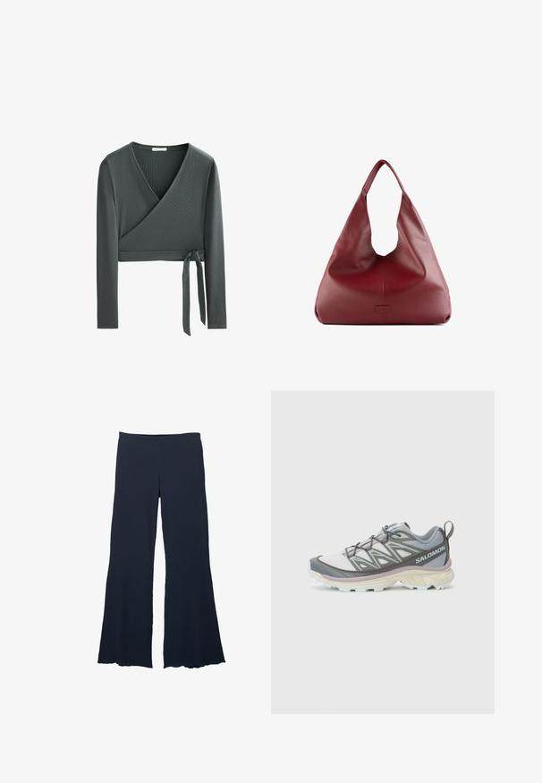 Dunkelgraues, langärmeliges, kurz geschnittenes Wickeloberteil mit V-Ausschnitt und seitlichem Bindeband, geripptes Stoffmuster.; Marineblauwe, weite Hose aus strukturiertem Stoff mit hoher Taille und ausgestelltem Saum, die eine glatte, fließende Silhouette bieten.; Leichter, multifunktionaler Laufschuh mit einem grauen und weißen Obermaterial, strukturiertem Mesh, gepolsterter Sohle und auffälliger Schnürung.; Rote Leder-Hobo-Tasche mit einem breiten, lässigen Design und einer großen Öffnung, die eine dezente Textur und ein auf der Vorderseite prägtes Logo aufweist.