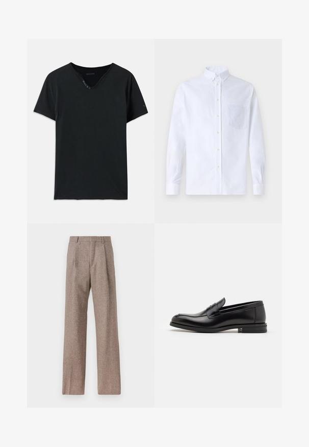 T-shirt nera in cotone con scollo a V, maniche corte e cinque bottoni sul colletto. Tessuto morbido con dettagli di cucitura minimi.; Camicia bianca a maniche lunghe con bottoni, realizzata in cotone, caratterizzata da una tasca sul petto con ricamo tonale, colletto e polsini con bottoni.; Pantaloni marroni a vita alta realizzati in tessuto testurizzato. Presentano gambe ampie e due pieghe frontali per struttura. Rifinitura curata senza hardware visibile.; Mocassini neri in pelle con una texture liscia, punta arrotondata e una striscia decorativa sulla tomaia. Tacco basso impilato, design minimalista.