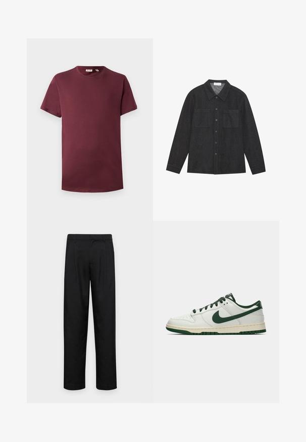 Bordeaux crew neck t-shirt van zacht katoen, korte mouwen, klassieke pasvorm, met een rechte onderrand zonder patronen of hardware-details.; Donkergrijze shirt van gestructureerde stof, met een puntige kraag, knoopsluiting aan de voorkant en twee borstzakken. Lange mouwen met knoopmanchetten.; Zwarte broeken van gladde stof, met een recht model, twee voorknikken en een standaard tailleband met riemlussen.; Witte lage sneakers met een donkergroene Nike swoosh, veters en accentkleuren op de zool, weergegeven in profiel op een effen witte achtergrond.