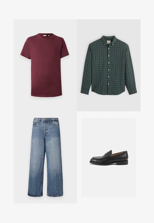 T-shirt em bordeaux de gola redonda, em algodão suave, com mangas curtas e corte clássico, apresentando uma bainha reta sem padrões ou detalhes em metal.; Camisa de botão de mangas compridas com padrão quadrado em verde, azul e amarelo, botões brancos e colarinho abotoado.; Calças de ganga azuis de pernas largas com um efeito desbotado, design de cinco bolsos e fecho de botão. Equipadas com passantes para cinto e detalhes cosidos.; Mocassins pretos de pele com um acabamento suave, bico redondo e costura decorativa no a parte superior. Salto baixo e empilhado com um ligeiro brilho.