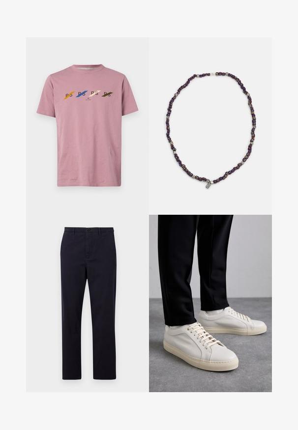 Roze katoenen t-shirt met een ontwerp op de voorkant waarop de letters "PS" in verschillende kleuren staan, samen met diagonale strepen en een ronde hals.; PS Paul Smith TROUSER - Chino - dark blue; Lichtbeige leren sneakers met platte veters, een gestructureerd oppervlak en een contrasterende crème-kleurige rubberen zool, gecombineerd met zwarte taps toelopende broek.; Multikleurige kralenketting met donkerblauwe, rode en gele kralen, afgewisseld met zilveren accenten en een hangende charme.