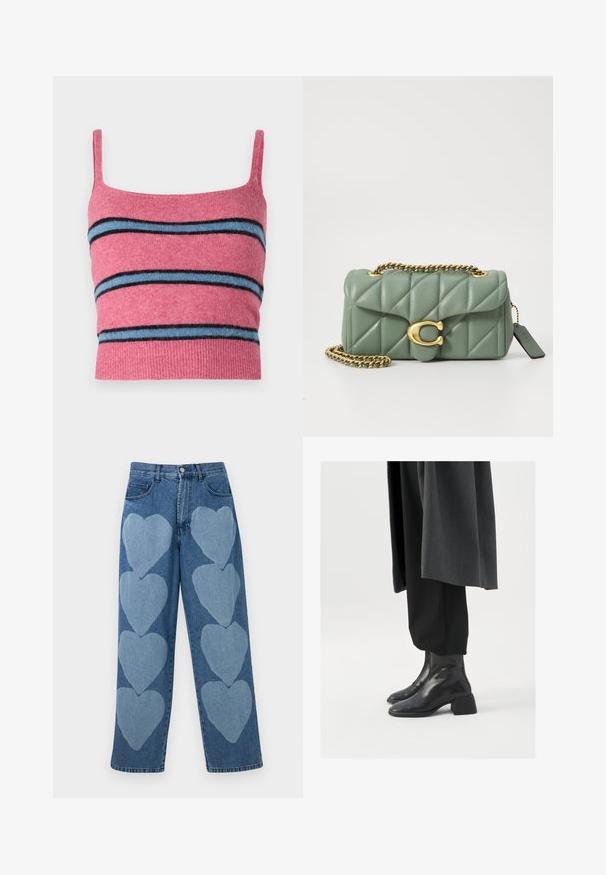 Samsøe Samsøe NOURA - Viršus - rose wine; Džinsai su laisvu sijonu, priekyje papuošti šviesiai mėlynomis širdelėmis, penkiomis kišenėmis ir užsegimu mygtuku.; Juodos odinės aulinukės su kvadratine pirštine ir masyviu kulnu, dėvimos su laisvomis juodomis kelnėmis ir tamsiai pilku paltu. Lygus paviršiaus tekstūra.; COACH TABBY SHOULDER BAG 20 WITH PILLOW QUILTING - Rankinė per petį - sage