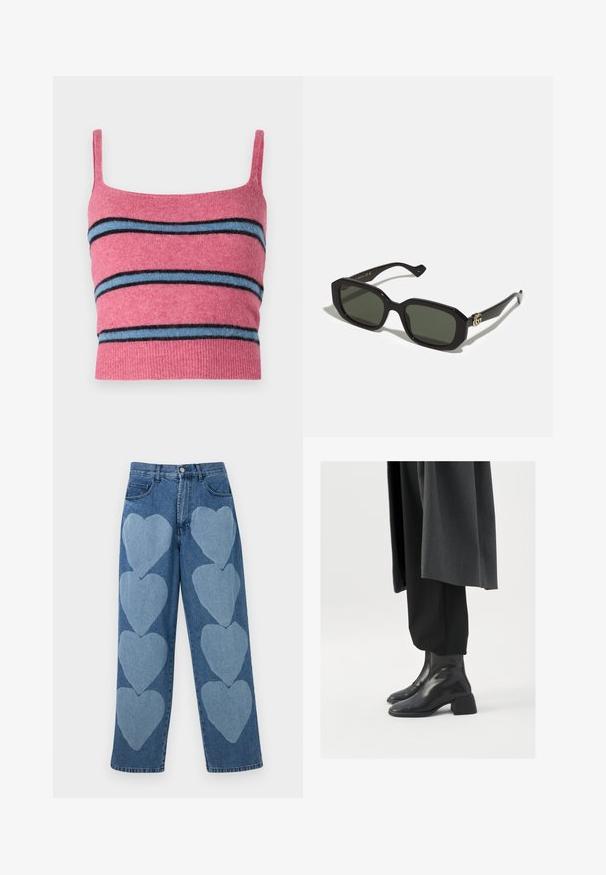 Samsøe Samsøe NOURA - Tops - rose wine; Džinsi ar brīvu griezumu, ar pielīmētiem gaiši ziliem sirdsdizainiem priekšā, pieci kabatas un pogu aizdare.; Melnas ādas potīšu zābaki ar kvadrātu purngalu un masīnu papēdi, valkāti ar brīvām melnām biksēm un tumši pelēku mēteli. Gluda virsmas tekstūra.; Melnas taisnstūrveida saulesbrilles ar tumši zaļiem stikliem, ar spīdīgu apdari un zelta logo akcentu sānos.