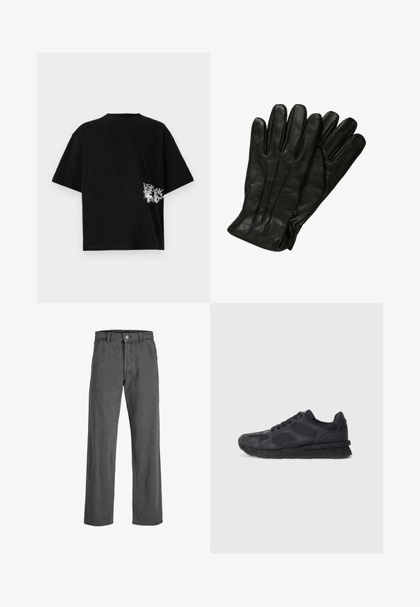Zwart, oversized t-shirt van katoen; heeft een witte tekst en grafische print aan de linkerkant nabij de zoom. Korte mouwen en ronde hals.; Donkergrijze wijde jeans gemaakt van denim. Bevat een sluiting met drukknop en rits aan de voorkant, riemlussen en een klassieke vijf-pocket ontwerp.; Replay ARTHUR ATOM - Sneakers laag - black; Zwarte leren handschoenen met een gladde textuur, vijf vingers en subtiele stiksels. Klassiek ontwerp, geschikt voor gebruik in koud weer.