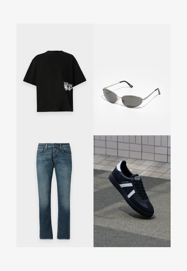 Zwart, oversized t-shirt van katoen; heeft een witte tekst en grafische print aan de linkerkant nabij de zoom. Korte mouwen en ronde hals.; Blauwe denim jeans met een rechte pasvorm, vervaagde wassing, vijf zakken ontwerp en contrasterende stiksels. Knoop- en ritsclosure.; Zwarte leren sneaker met witte strepen, een gestructureerde rubberen zool en vetersluiting aan de voorkant. Voorzien van een merklabel op de tong.; Zonnebril met een slank, zilveren metalen frame, grijs getinte lenzen en een aerodynamisch ontwerp met puntige randen en dunne pootjes.