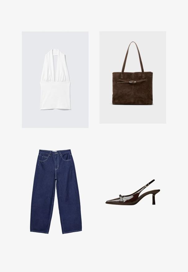 Top bianco senza maniche con scollatura a V profonda e dettaglio arricciato in vita. Realizzato in un tessuto liscio, presenta una texture morbida e un design minimalista.; Pantaloni a gamba larga in denim blu scuro con vita alta, cinque tasche e cuciture bianche a contrasto. Texture liscia, design classico.; Scarpa slingback in pelle verniciata marrone con punta appuntita, tacco basso e un accentuato fiocco decorativo nella parte anteriore. Texture liscia e lucente.; Borsa tote in suede marrone con manici lunghi, caratterizzata da un corpo piatto e una tracolla decorativa con accentuazione in metallo di colore argento.