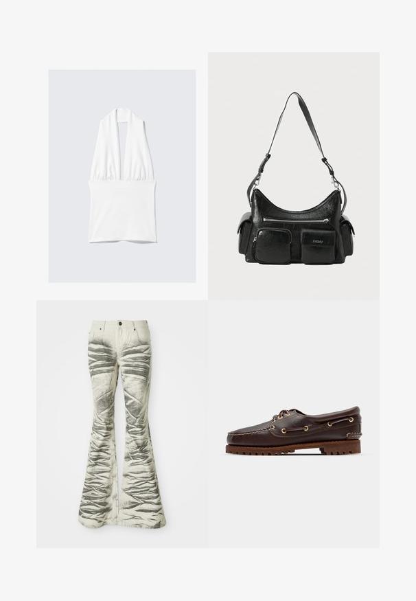 White sleeveless top with a deep V-neck and gathered detail at the waist. Made from smooth fabric, it features a soft texture and minimalist design.; Light-colored flared jeans with textured black horizontal stripes and wrinkled detailing, featuring front pockets and metal button closure.; Brown leather boat shoe with gold eyelets, round laces, and a textured brown rubber sole. Features stitched detailing and a raised logo.; Black leather shoulder bag featuring a curved shape, multiple zippered and pocket details, and a detachable strap.