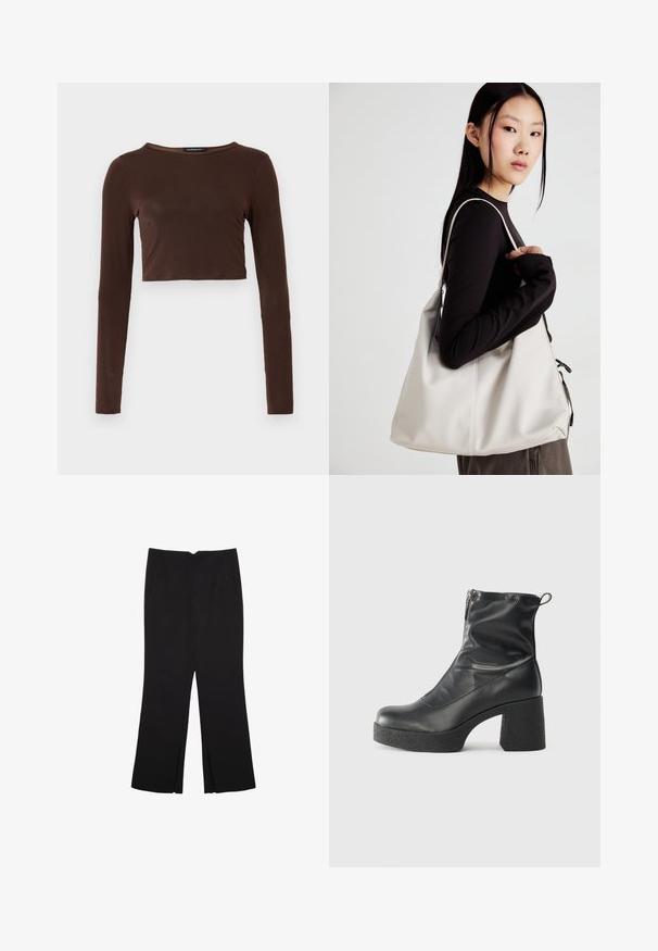 Brauner, langärmeliger, verkürzter Oberteil aus glattem Material mit einem runden Ausschnitt und figurbetontem Design. Keine sichtbaren Muster oder Akzente.; Schwarze Hose mit geradem Schnitt, ausgestattet mit Fronttaschen und Seitenschlitzen am Saum. Hergestellt aus weichem, glattem Stoff. Geeignet für verschiedene Anlässe.; Schwarze Stiefeletten aus glattem Leder mit seitlichem Reißverschluss, klobigem strukturiertem Absatz und runder Zehenform.; Beige Handtasche aus weichem Material, mit einem lässigen Design, gesteppten Details und zwei Schulterriemen. Geeignet für den täglichen Gebrauch.