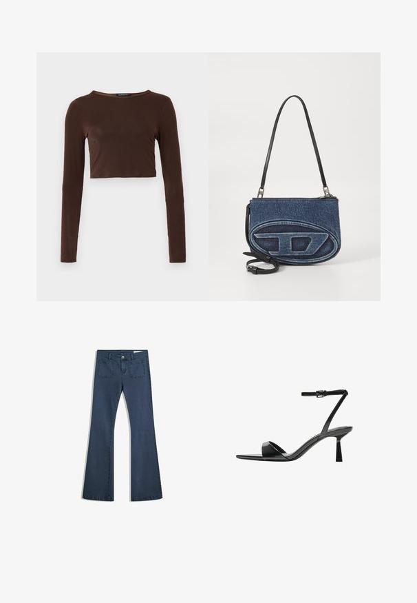 Brun langærmet cropped top lavet af glat materiale, med en rund halsudskæring og tætsiddende design. Ingen synlige mønstre eller accenter.; Mørkeblå, udvidede denimjeans med syede lommer, knaplukning og en glat tekstur. Har et klassisk fem-lommemønster.; Bershka Højhælede sandaletter / Højhælede sandaler - black; Denim crossover taske med en sort læderrem, oval logo-design fortil, og en lynlås lukning øverst. Tekstureret finish.