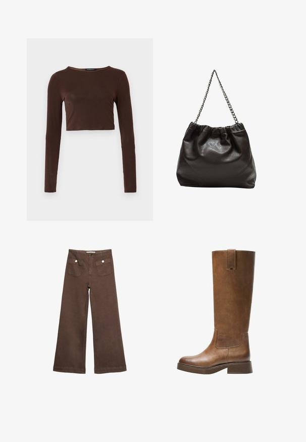 Brun langærmet cropped top lavet af glat materiale, med en rund halsudskæring og tætsiddende design. Ingen synlige mønstre eller accenter.; Brune bredbenede bukser lavet af bomuld, med to forlommer med sølvknapper og en glat tekstur.; Brune læderknæhøje støvler med rund tå, struktureret overflade og en stabelt lav hæl. Har en sidepanel og en løftestrop øverst.; Brun lædertaske med en rynket top og en kædestrop. Glat tekstur med en blank finish og subtile sømdetaljer på siderne.