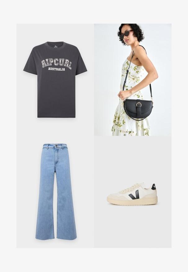 Ciemnoszary bawełniany t-shirt z krótkimi rękawami, z białym nadrukowanym logo "RIPCURL AUSTRALIA" w pogrubionym, łukowatym stylu.; Jasnoniebieskie dżinsy z szerokimi nogawkami i wysokim stanem, z postrzępionym dołem i zapięciem na guziki z przodu. Wykonane z denimu, o gładkiej fakturze i prostych liniach.; Kremowe sneakersy z beżową podeszwą, czarnym logo "V" z boku, sznurówki oraz czarną pętlą na pięcie z białymi literami.; Czarna skórzana torebka o zakrzywionym kształcie, z odpinanym paskiem i złotymi akcentami. Torebka posiada klapę z zapięciem w kształcie klamry.