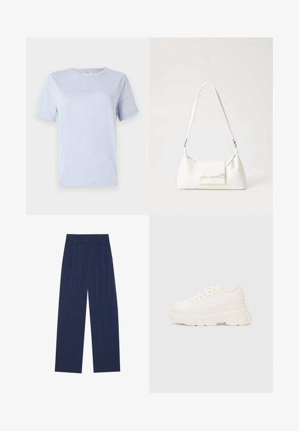 Svetlo modra majica s kratkimi rokavi, izdelana iz mehkega materiala, s krožnim izrezom in diskretno printanim logotipom. Preprosta zasnova, sproščen kroj.; Mornarsko modri široki hlače iz mehkega materiala, ki imajo sprednje drapiranje, gladko teksturo in ravno silhueto brez vidnih žepov.; Bela platnena teniska z debelim podplatom, okroglo konico in petimi luknjicami za vezalke. Zadaj je dodana zanka za enostavno obuvanje. Gladka tekstura, minimalistična zasnova.; Bela sintetična torbica v obliki trikotnika, z ravnim sprednjim poklopcem in detajlom mašne, nastavljivim trakom, gladko teksturo in minimalističnim dizajnom.