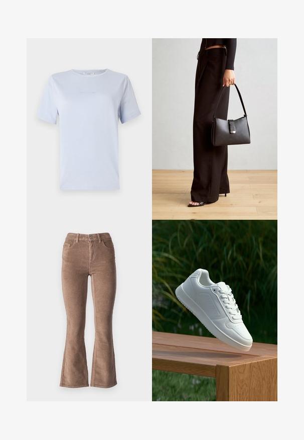 Světle modré tričko s krátkým rukávem vyrobené z měkké tkaniny, s kulatým výstřihem a jemným potiskem loga. Jednoduchý design, uvolněný střih.; Hnědé manšestrové kalhoty s rozšířenými nohavicemi s ribovanou texturou, vysokým pasem, pěti kapsami a předním zapínáním na knoflík.; Bílé tenisky s hladkým syntetickým svrškem, perforovanou špičkou, plochými tkaničkami a texturovanou podrážkou, vystavené na dřevěném povrchu.; Černá kabelka se strukturovaným tvarem, hladkým povrchem a kovovým uzávěrem. Kombinována s širokými černými kalhotami a sandály s otevřenou špičkou na dřevěné podlaze.