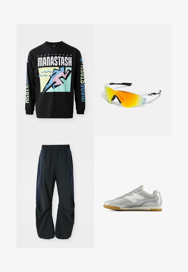 Schwarzes Langarm-T-Shirt mit grafischem Design, das einen Läufer in Pink, geometrischen Formen und Text in Weiß und Blau zeigt, aus Baumwolle gefertigt.; Schwarze Outdoor-Hosen mit lockerer Passform, ausgestattet mit einem elastischen Bund, marineblauen Seitenpaneelen und Reißverschlusstaschen auf beiden Seiten.; Silberner Sportschuh mit einer glatten, glänzenden Oberfläche, weißem Logo an der Seite, strukturierten grauen Schnürsenkeln und einer Sohle aus Gummi.; Weiße Sportsonnenbrille mit einer geschwungenen Form, schwarzen Gummibezügen und einem verspiegelten orange-gelben Glas, das zu blau übergeht.