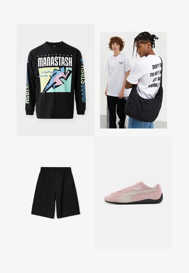 Fekete hosszú ujjú póló, amely egy futót ábrázoló grafikai tervezéssel, rózsaszín geometrikus formákkal, valamint fehér és kék színű szöveggel készült, pamutból.; Fekete pamut rövidnadrág rugalmas derékkal, oldalsó zsebekkel és laza szabással, sima textura és egyenes szegéssel.; Rózsaszín velúr sneaker szürke részletekkel, áramvonalas dizájnnal, texturált felső résszel és fekete gumitalppal. Oldalán a Puma logó látható.; Fekete steppelt válltáska puha textúrával, egy fehér grafikás pólót viselő személyen, amely bátor szöveget tartalmaz. Lazán öltözködik farmernadrágban.