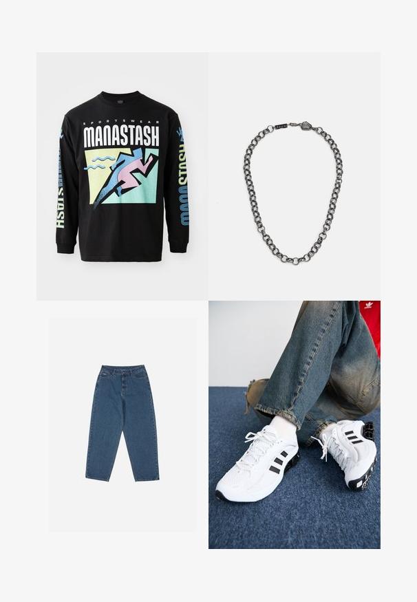 Čierne tričko s dlhým rukávom, ktoré obsahuje grafický dizajn s bežcom v ružovej farbe, geometrickými tvarmi a textom v bielej a modrej farbe, vyrobené z bavlny.; Modré džínsy s uvoľneným strihom, vysokým pásom, dizajnom s piatimi vreckami a kontrastným prešívaním. Obsahujú zapínanie na gombík a zips.; Biele sieťované športové topánky s čiernymi akcentmi, ktoré majú textúrovaný dizajn a charakteristickú podrážku, v kombinácii s modrými džínsami.; Kovová retiazka na krk s predĺženými článkami v tmavej gunmetalovej farbe. Obsahuje geometrický akcent a uzáver s detailom značky.